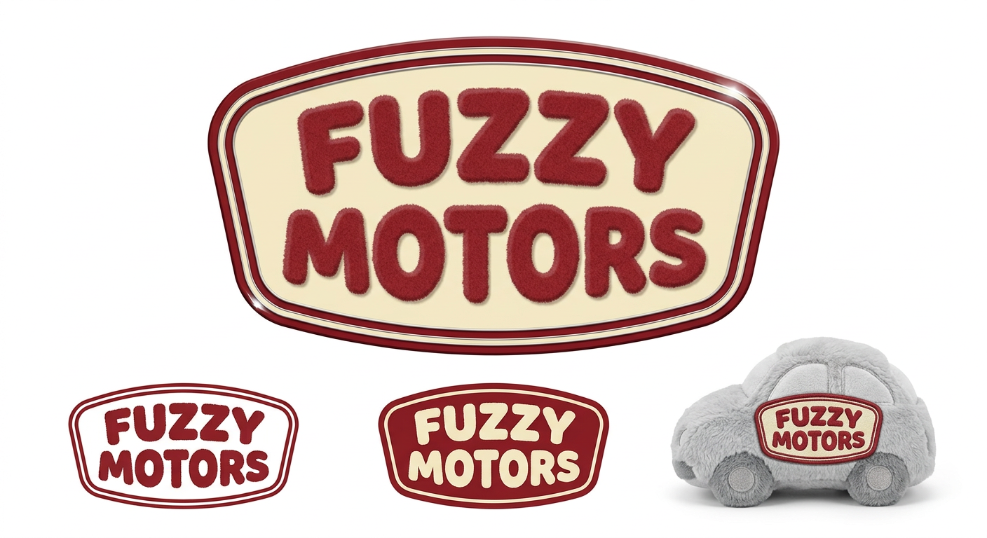Fuzzy Motors badge logo in cherry red and cream