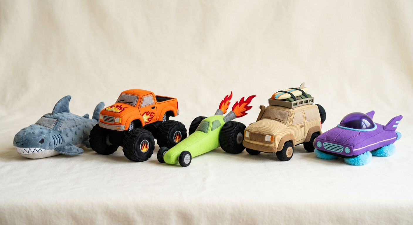 Five plush vehicles in a row on cream fabric: a shark racer, an orange monster truck, a lime dragster, a safari 4x4 and a purple hover car
